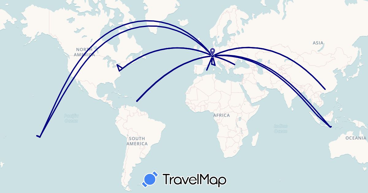 TravelMap itinerary: driving in Bulgaria, China, Spain, France, Indonesia, Italy, Martinique, French Polynesia, Singapore, United States (Asia, Europe, North America, Oceania)